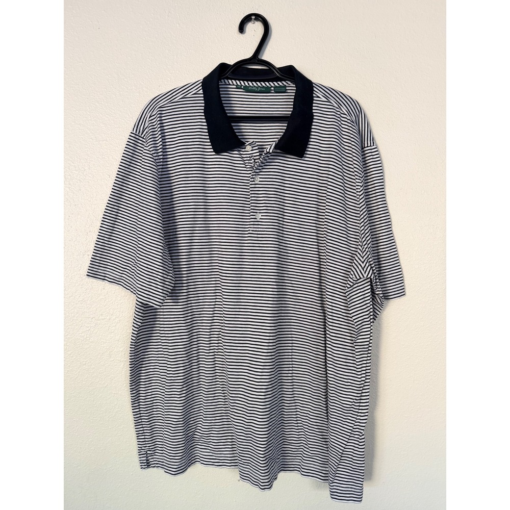 Bobby Jones Mens 2XL Striped Golf Polo Shirt Navy Blue White Cotton Short Sleeve